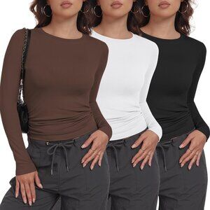3 Pack Womens Long Sleeve Shirts Crew Neck Basic Stretchy Fitted Y2K Tops Going
